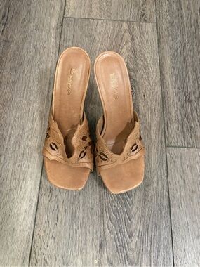 bebe Cognac Brown Leather Cutout Slide Mules